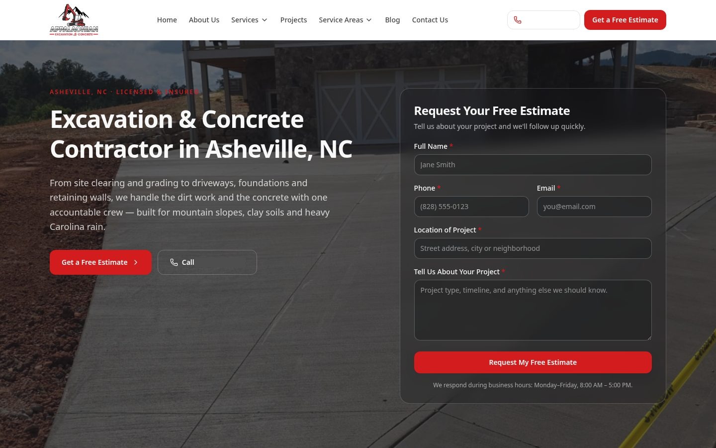 Appalachian Excavation & Concrete website
