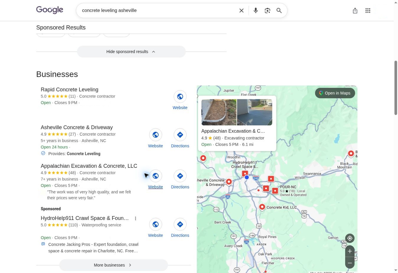 Google Local Pack results for concrete leveling asheville with Appalachian Excavation & Concrete listed third