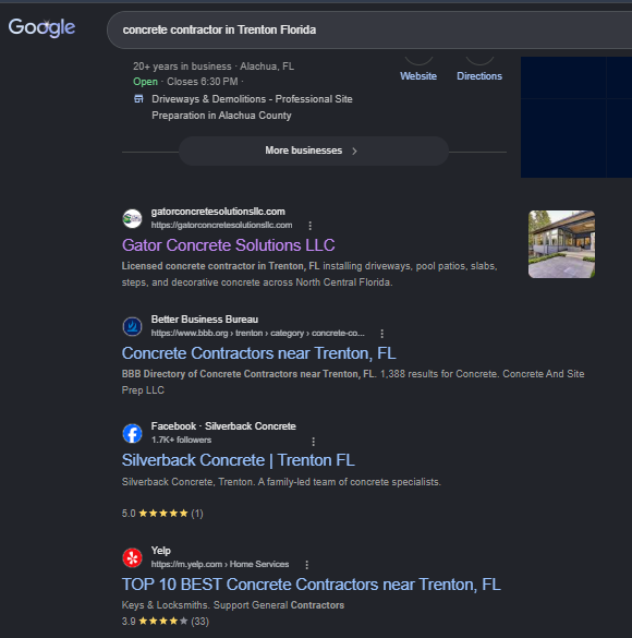 Google organic results for concrete contractor in Trenton Florida with Gator Concrete Solutions as the first organic result