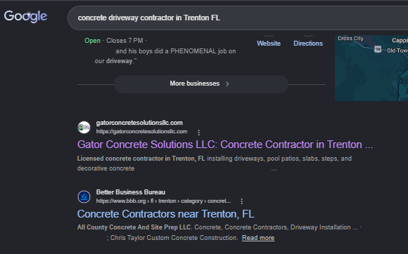 Google organic results for concrete driveway contractor in Trenton FL with Gator Concrete Solutions as the first organic result