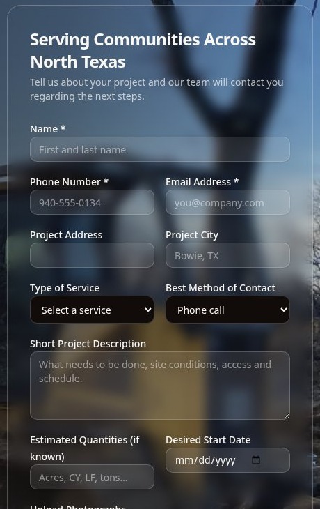 Shupak Earthworks commercial bid-request form with project city, type of service, estimated quantities, desired start date and upload fields