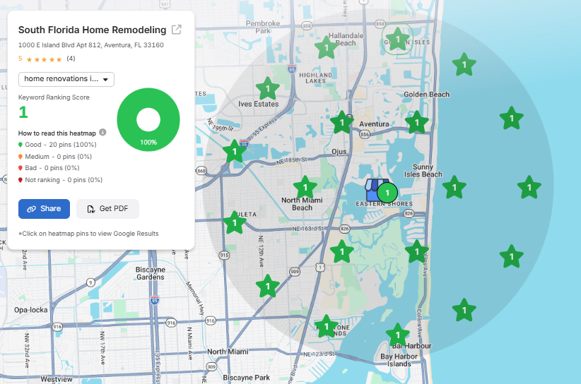 Google Maps ranking grid for home renovations in aventura fl showing South Florida Home Remodeling at #1 on all 20 sampled points